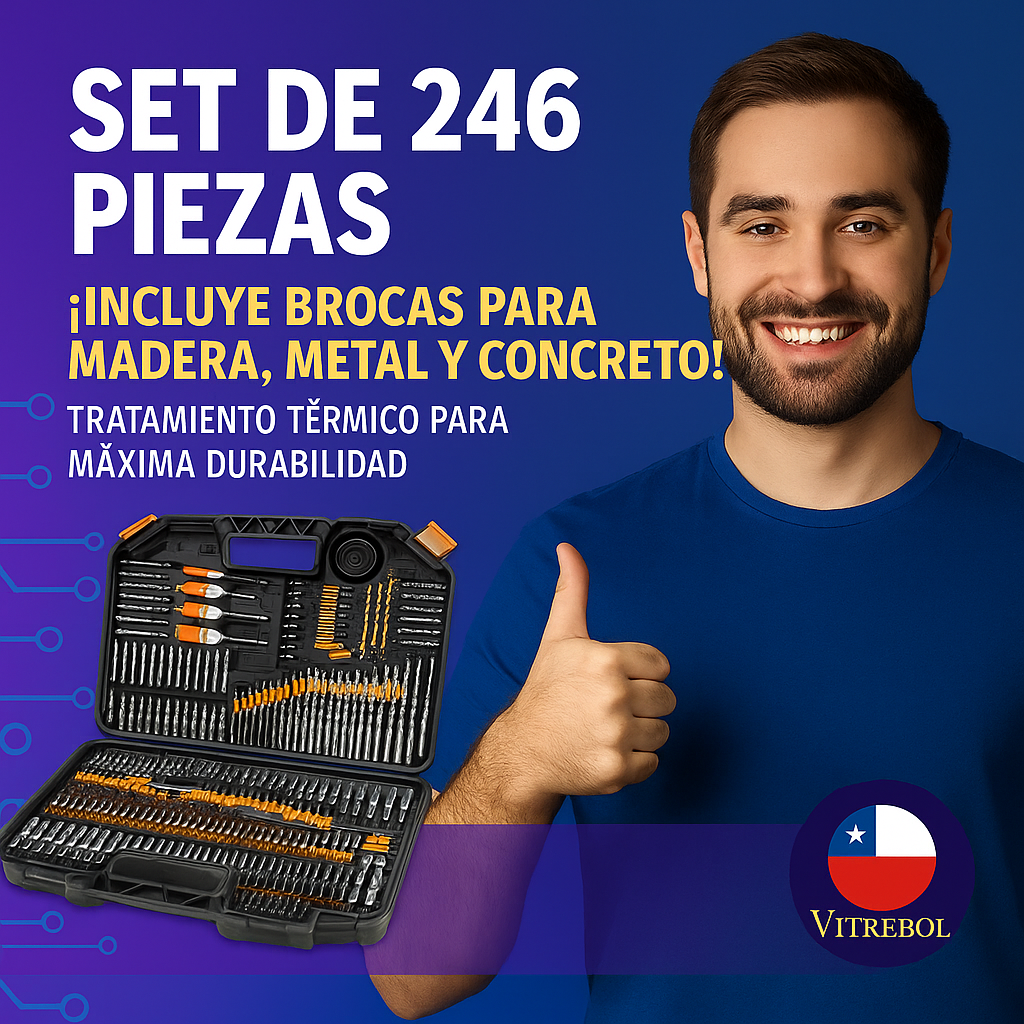 Set de 246 piezas, con brocas, dados y puntas. Lleva de obsequio un set de 5 brocas escalonadas en titanio.