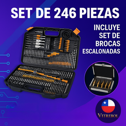 Set de 246 piezas, con brocas, dados y puntas. Lleva de obsequio un set de 5 brocas escalonadas en titanio.