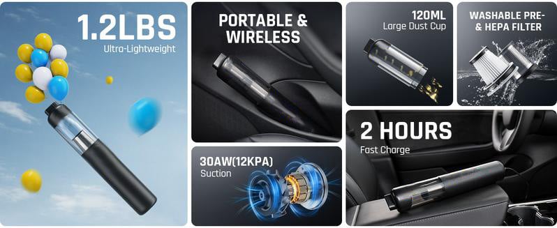 💥 Aspiradora de Coche Inalámbrica Slim V8 Mate - Alta Potencia 13000Pa/30AW